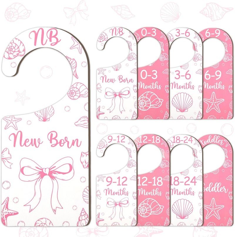 CORNER LACE Baby Closet Dividers 8PCS, Pink Shell & Bows Themed Wooden Double-Sided Clothes Size Hanger/Organizer from Newborn to Toddler for Nursery Decor Baby Shower Birthday Party Gift - Image 1
